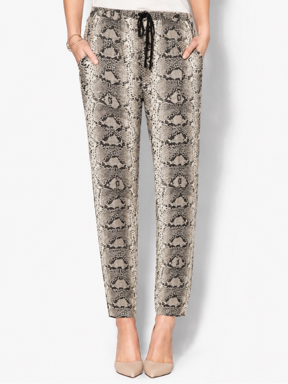 Elizabeth and James Beige and Black Snake-Print Cropped Drawstring Pants - m